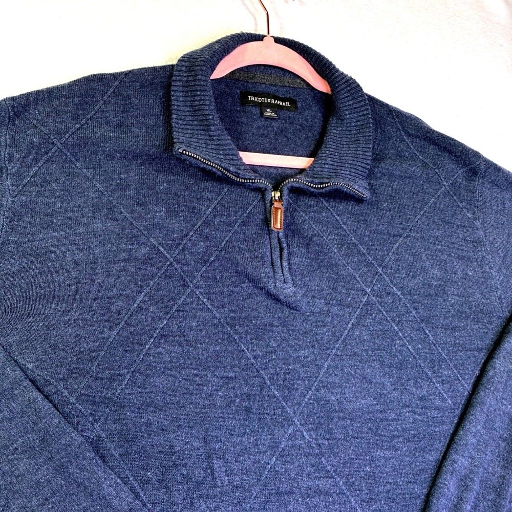 Tricots St Raphael Mens Blue Diamond Argyle Quarter Zip Sweater XL
